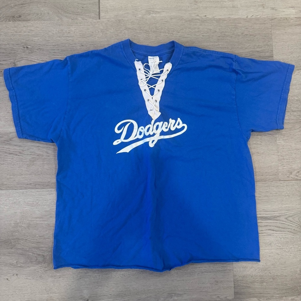 LA Dodgers Ladies Tee Blue And White With Lace Up V-neck Size Large